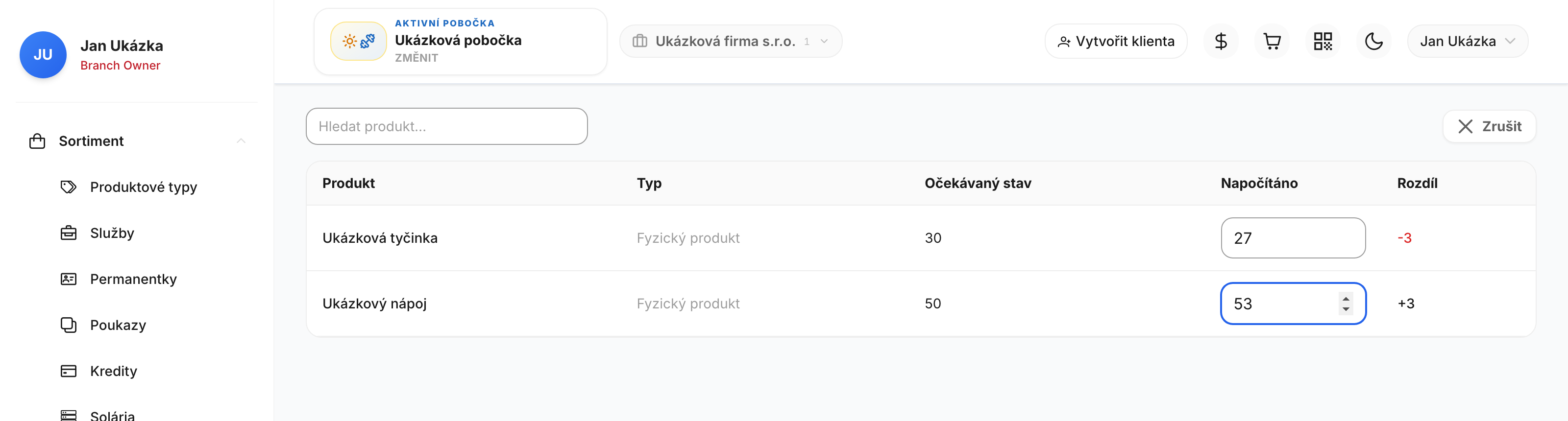 Klikněte na **Nová inventura** a u produktů, které jste fyzicky spočítali, vyplňte pole **Napočítáno**. Sloupec **Rozdíl** se dopočítá živě u každé položky i v součtu dole — nepočítané položky klidně nechte prázdné.