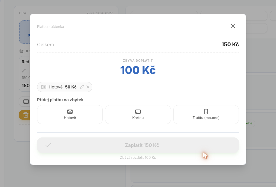 Částka se přidá jako **řádek** a hodnota **Zbývá doplatit** klesne. Hned vidíte, kolik ještě zbývá rozdělit.