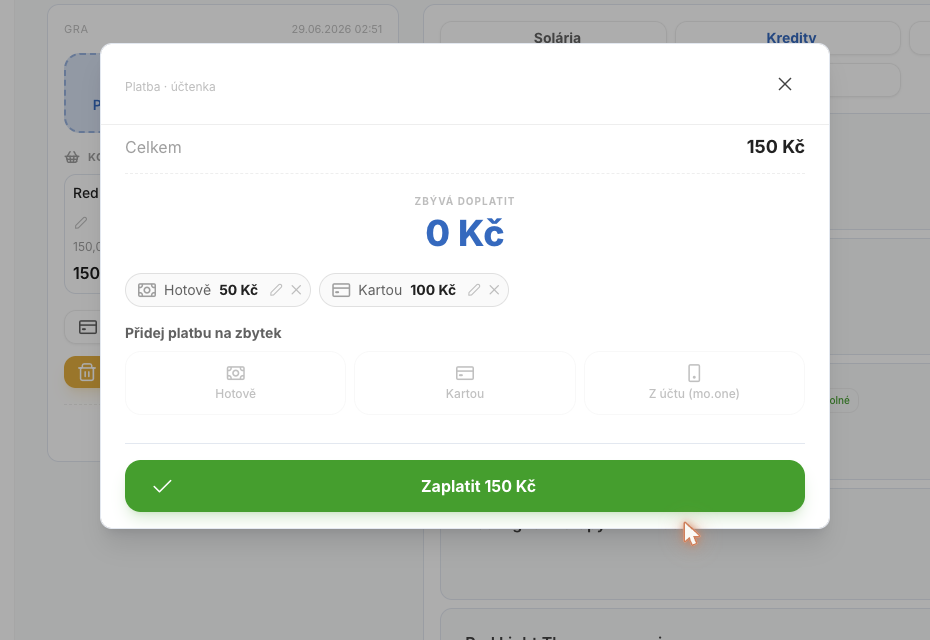 Klepněte na **další způsob** (např. **Kartou**) a zadejte jeho částku. Opakujte, dokud **Zbývá doplatit = 0 Kč** — pak se rozsvítí zelené **Zaplatit**.
