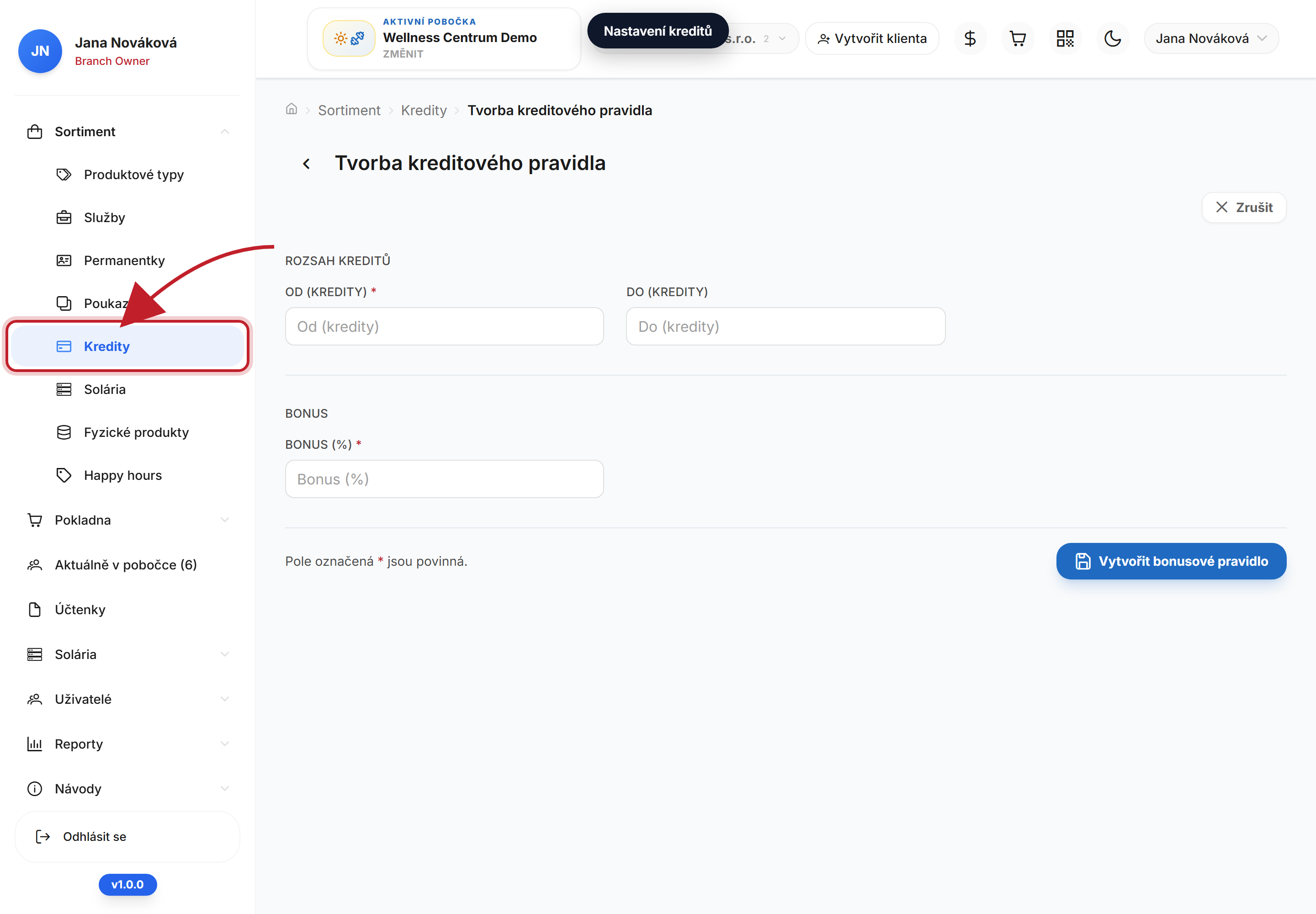 V nastavení kreditů zadejte **základní kredity** (kolik zaplatí) a **bonusové kredity** (kolik dostane navíc). **Expirace (dny)** — prázdné = kredit nikdy nepropadne.