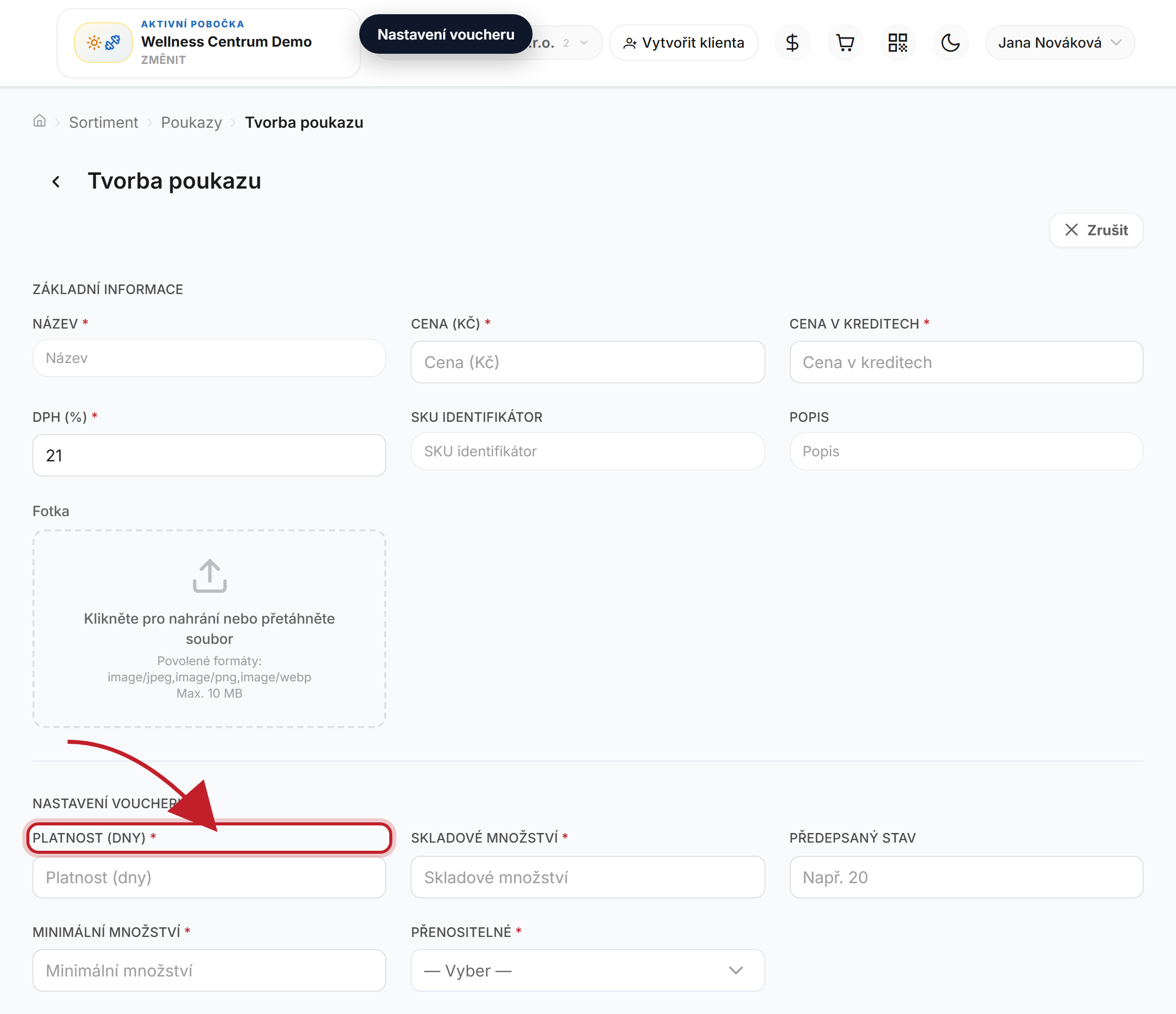 Nastavte **platnost (dny)** od prodeje, **skladové množství**, **minimální množství** a zda je poukaz **přenositelný** na jiné uživatele.