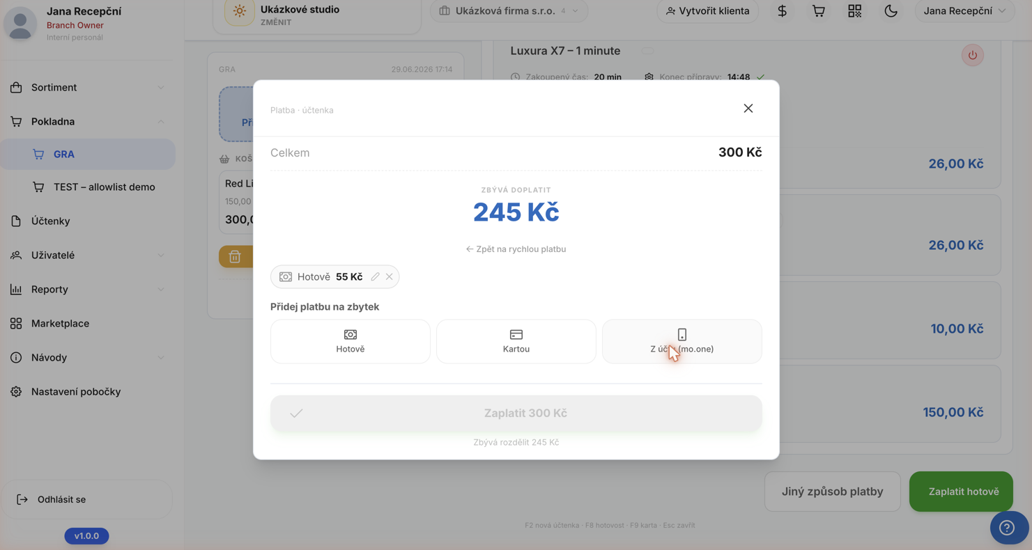 Přidáním první platby (zde Hotově 55 Kč) klesne „Zbývá doplatit" — tady na 245 Kč.