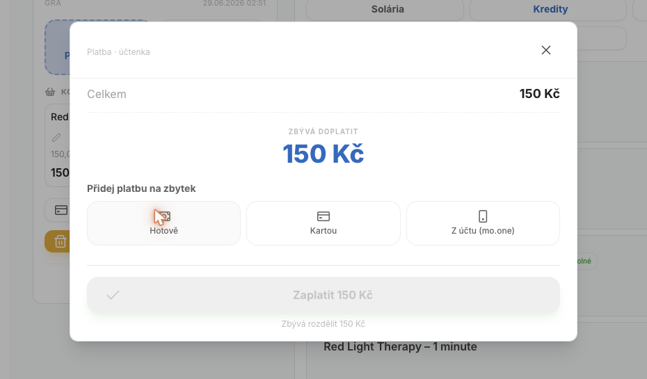 Dole vpravo zaplatíte. Zelené **„Zaplatit hotově"** (resp. „Zaplatit kartou"… podle **výchozí metody pokladny**) dokončí účtenku na **jeden ťuk**. Pro **jinou metodu** nebo **rozdělení platby** je hned vedle **„Jiný způsob platby"**, které otevře platební okno s dlaždicemi.