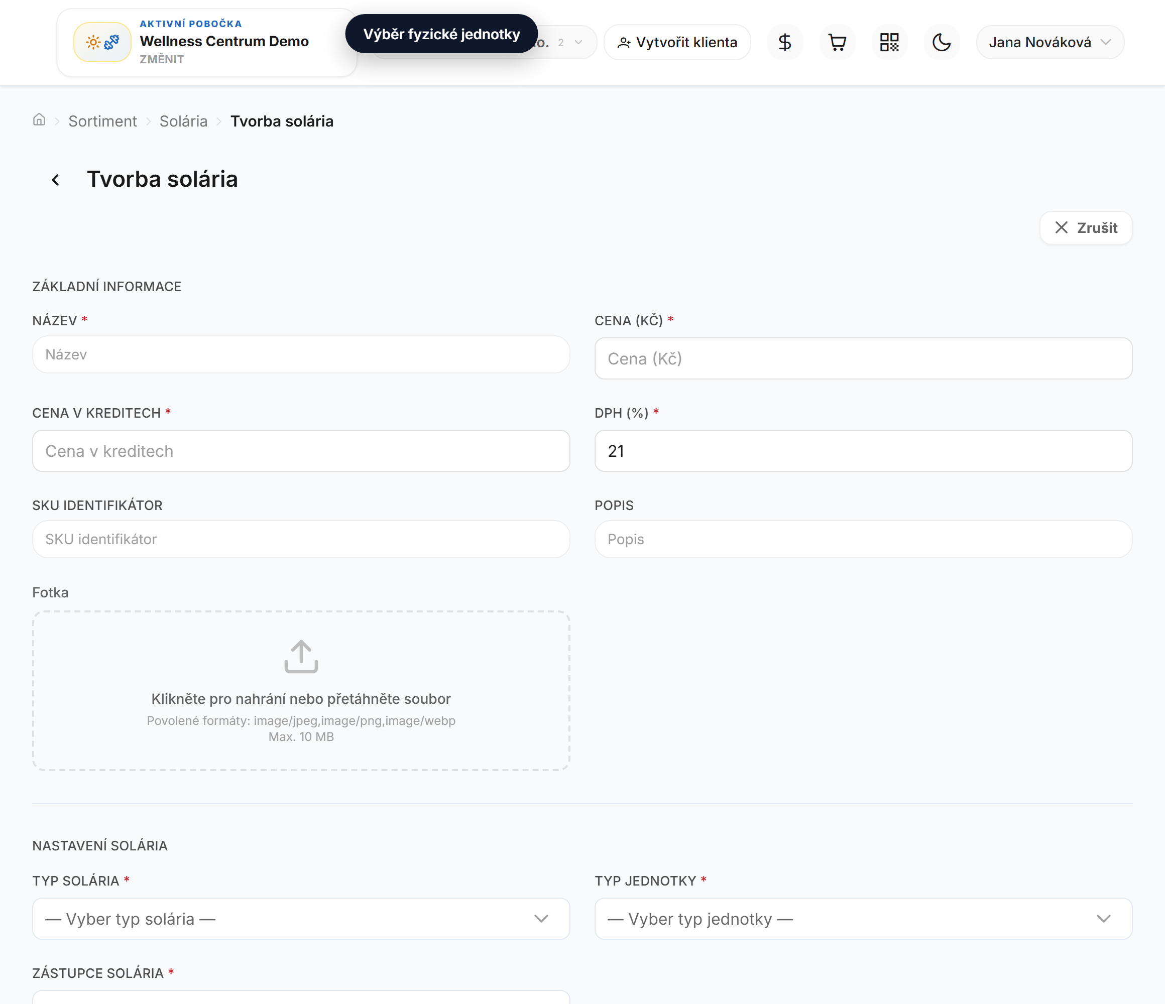 Vyberte **reprezentanta solária** — tím produkt propojíte s konkrétní fyzickou jednotkou na pobočce.